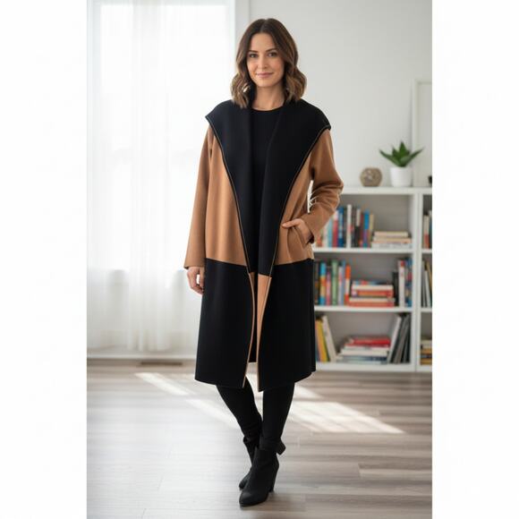 Tahari Colorblock Longline Minimalist Sweater Coat Open Front Duster L Preppy - Picture 1 of 9